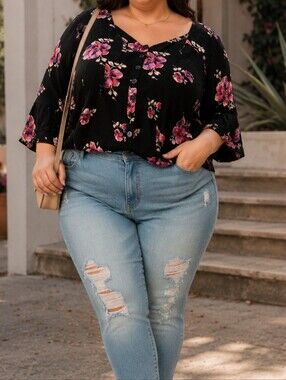 Torrid Black Floral Button-Front Blouse Plus Size Pink Flower Boho Cottagecore